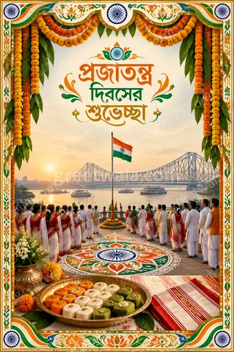 Ornate traditional Republic Day card with tricolor motifs, elegant patterns, and Bengali greeting প্রজাতন্ত্র দিবসের শুভেচ্ছা in festive patriotic style.