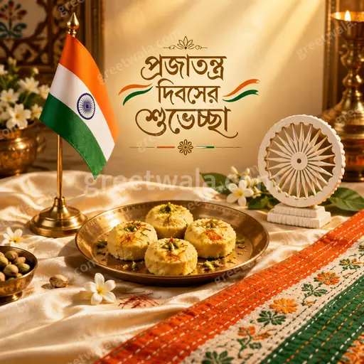 Premium Republic Day card displaying প্রজাতন্ত্র দিবসের শুভেচ্ছা with tricolor elegance, patriotic pride and graceful festive sophistication.