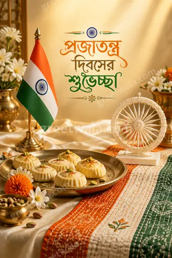 Premium Republic Day card displaying প্রজাতন্ত্র দিবসের শুভেচ্ছা with tricolor elegance, patriotic pride, and refined festive grandeur.