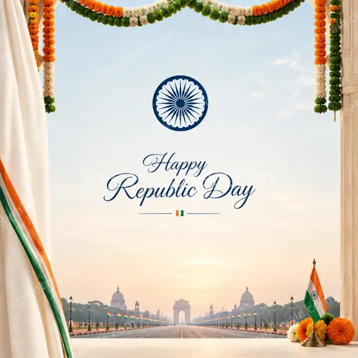 Elegant minimal design displaying Happy Republic Day with soft tricolor tones evoking proud serene patriotic grace.