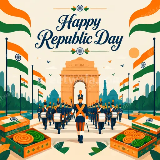 Modern flat vector card with tricolor motifs radiating patriotic pride, featuring bold Happy Republic Day greeting elegantly.