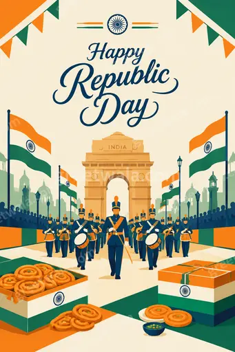Modern flat vector card with tricolor accents and festive patriotic mood celebrating Happy Republic Day.