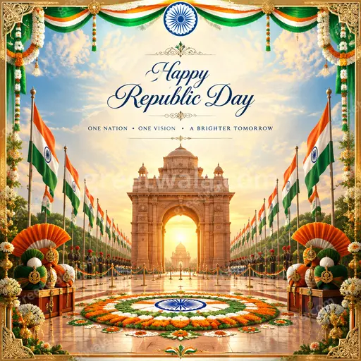 Ornate traditional card with tricolor motifs, elegant gold flourishes, and Happy Republic Day greeting in festive patriotic style.