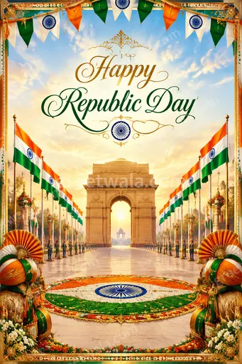 Ornate traditional Republic Day card radiating patriotic pride with elegant tricolor motifs and warm Happy Republic Day greeting.