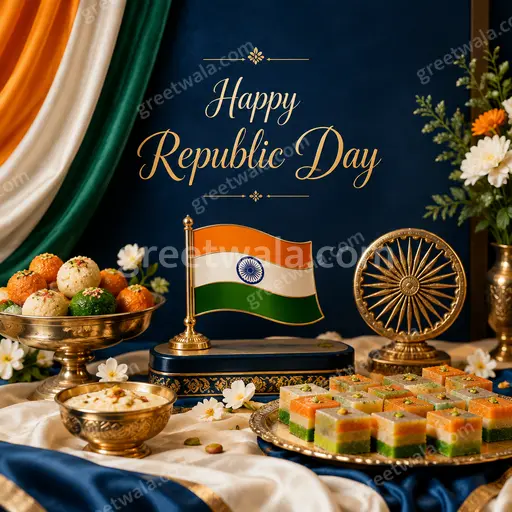 Premium Republic Day card with tricolor elegance, Ashoka Chakra motif, and Happy Republic Day in graceful patriotic style.