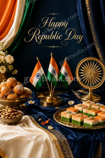 Premium showcase card radiating patriotic pride with elegant tricolor motifs and graceful Happy Republic Day typography.