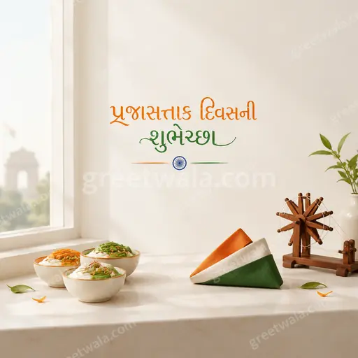 Elegant minimal Republic Day card displaying પ્રજાસત્તાક દિવસની શુભેચ્છા with tricolor accents, serene patriotic mood and refined festive grace.