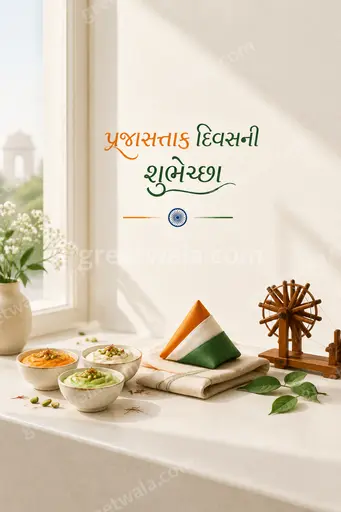 Elegant minimal Gujarati Republic Day card with soft tricolor accents conveying proud peaceful patriotism.