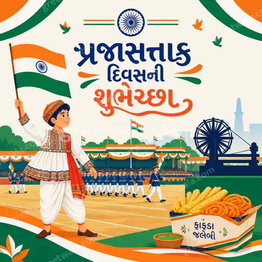 Modern flat vector Republic Day card displaying 'પ્રજાસત્તાક દિવસની શુભેચ્છા' with tricolor style evoking patriotic pride.