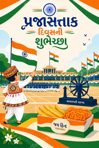 Modern flat vector Republic Day card with પ્રજાસત્તાક દિવસની શુભેચ્છા in tricolor, evoking proud festive patriotism.