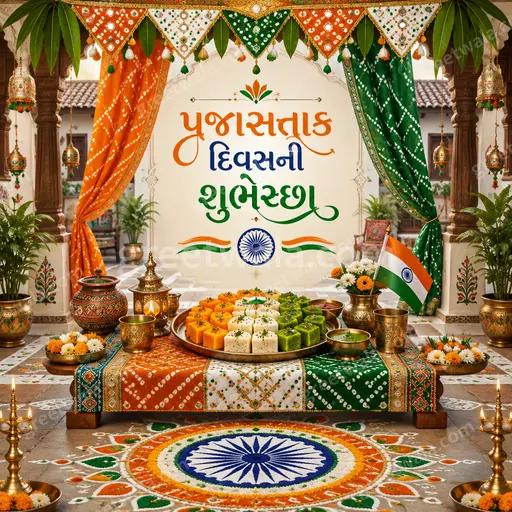 Ornate traditional Republic Day card in warm saffron, white and green tones displaying 'પ્રજાસત્તાક દિવસની શુભેચ્છા' with festive patriotic elegance.