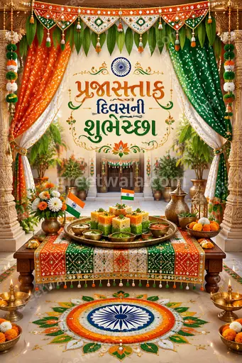 Ornate traditional Republic Day card in saffron, white and green with Ashoka Chakra, festive patriotic glow displaying પ્રજાસત્તાક દિવસની શુભેચ્છા.