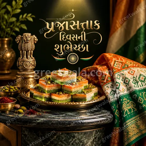 Premium showcase card displaying 'પ્રજાસત્તાક દિવસની શુભેચ્છા' with tricolor elegance, Ashoka Chakra and proud festive glow.