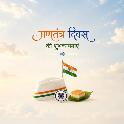 Elegant minimal Republic Day card displaying गणतंत्र दिवस की शुभकामनाएं with tricolor accents and graceful patriotic serenity.