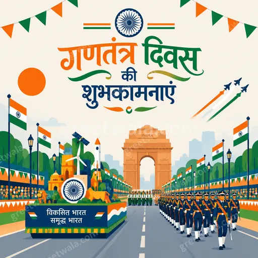 Modern flat vector Republic Day card with tricolor accents and festive patriotic mood displaying गणतंत्र दिवस की शुभकामनाएं.