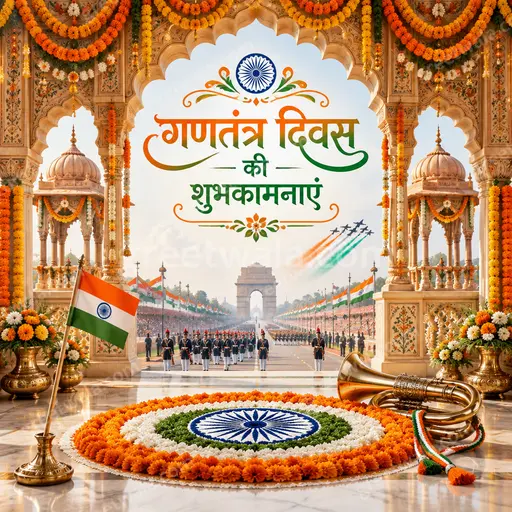 Ornate traditional Republic Day card displaying गणतंत्र दिवस की शुभकामनाएं with patriotic tricolor elegance and festive pride.