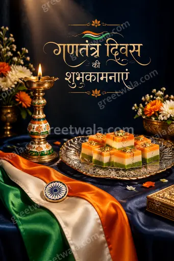 Premium Republic Day card in Hindi displaying "गणतंत्र दिवस की शुभकामनाएं" with tricolor elegance, Ashoka Chakra motifs and patriotic grandeur.