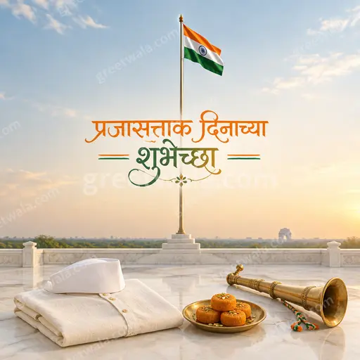 Elegant minimal Republic Day card in saffron, white and green with Ashoka Chakra, displaying प्रजासत्ताक दिनाच्या शुभेच्छा gracefully.