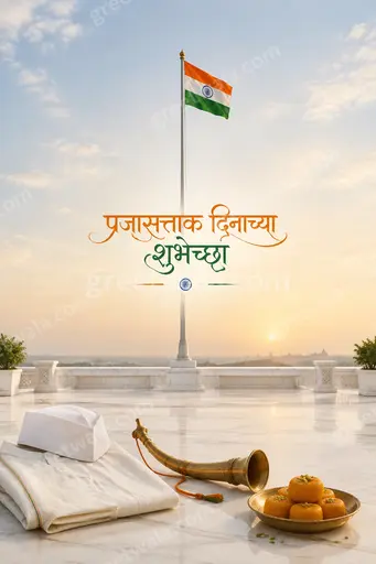 Elegant minimal Republic Day card with tricolor accents, Ashoka Chakra motif, and graceful Marathi calligraphy radiating patriotic pride.