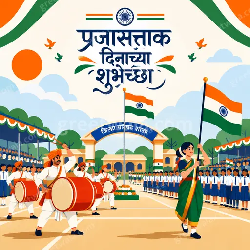 Festive modern flat vector card in tricolor hues with Ashoka Chakra, parading soldiers, joyful patriotic pride for प्रजासत्ताक दिनाच्या शुभेच्छा.