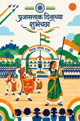 Modern flat vector Republic Day card in Marathi displaying 'प्रजासत्ताक दिनाच्या शुभेच्छा' with proud patriotic festive elegance.