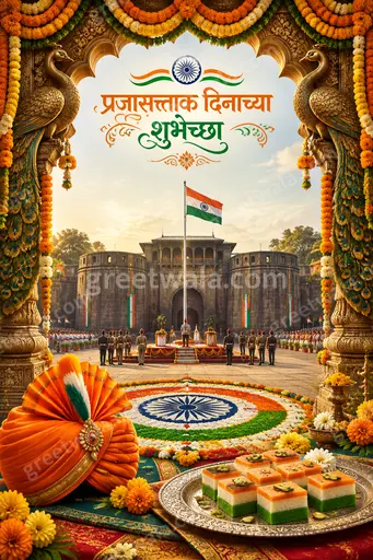 Ornate traditional card glowing with saffron, white and green hues, Ashoka Chakra motifs, festive patriotic Marathi Republic Day warmth.
