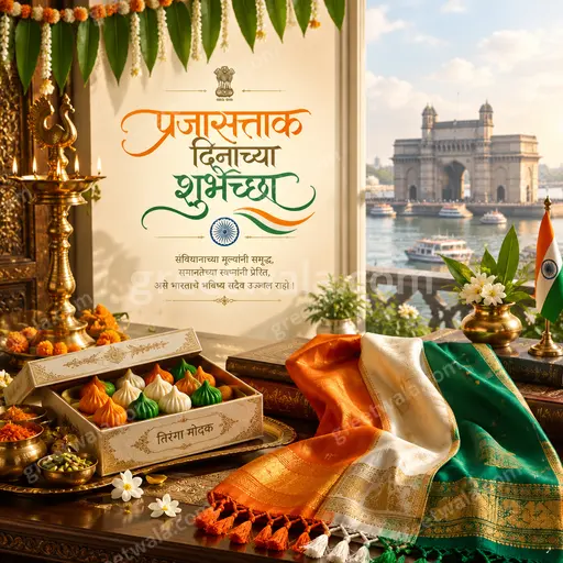 Premium Republic Day card glowing with tricolor pride, elegant Ashoka Chakra motifs and festive Marathi greeting warmth.