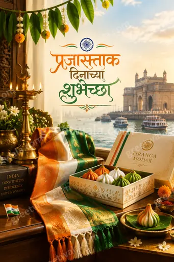 Premium Republic Day card with tricolor hues, Ashoka Chakra elegance, and festive patriotic grandeur in Marathi greeting style.