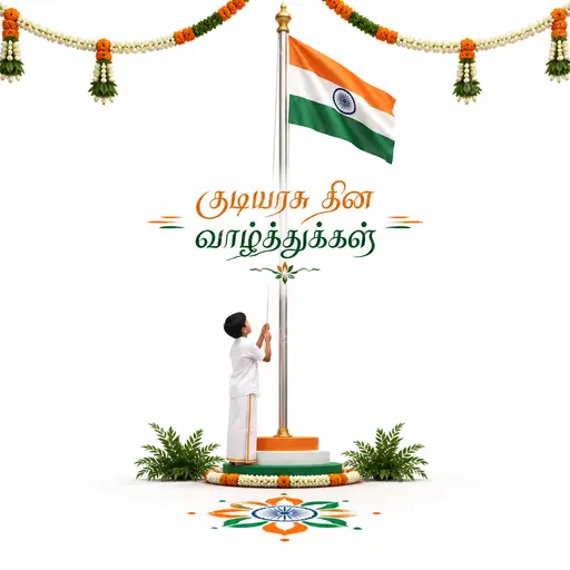 Elegant minimal Republic Day card with soft tricolor accents, calm patriotic mood, featuring Tamil greeting Kudiyarasu Thina Vazhthukkal.