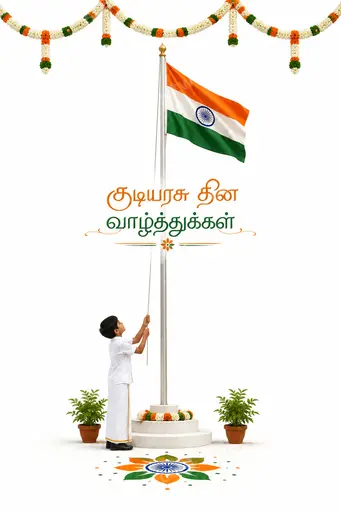 Elegant minimal Republic Day card with soft tricolor accents, graceful Tamil typography conveying proud patriotic warmth and serenity.
