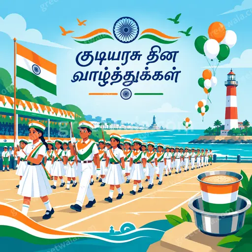 Modern flat vector Republic Day card with tricolor motifs and festive patriotic mood displaying குடியரசு தின வாழ்த்துக்கள் greeting.