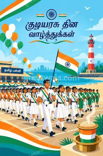 Modern flat vector Republic Day card displaying 'குடியரசு தின வாழ்த்துக்கள்' in tricolor hues with festive proud patriotic mood.