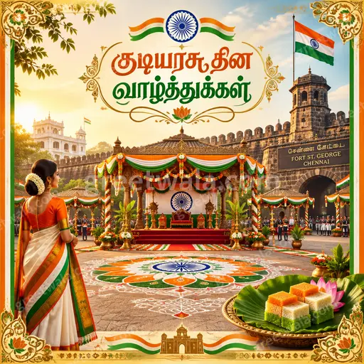 Ornate traditional Republic Day card in warm festive tones displaying குடியரசு தின வாழ்த்துக்கள் with elegant patriotic motifs.