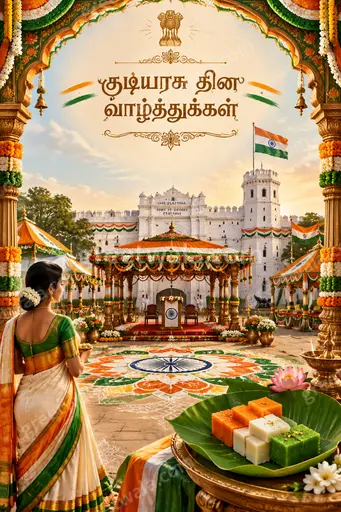 Ornate traditional Tamil Republic Day card displaying festive greeting with golden motifs, tricolor glow, and dignified patriotic warmth.
