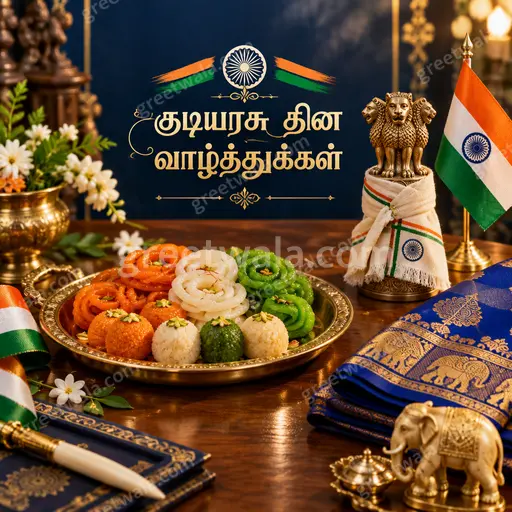 Premium Republic Day showcase card displaying குடியரசு தின வாழ்த்துக்கள் with tricolor elegance, Chakra, and proud festive glow.