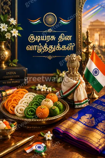 Premium Tamil Republic Day card displaying "குடியரசு தின வாழ்த்துக்கள்" with tricolor elegance and proud patriotic grandeur.