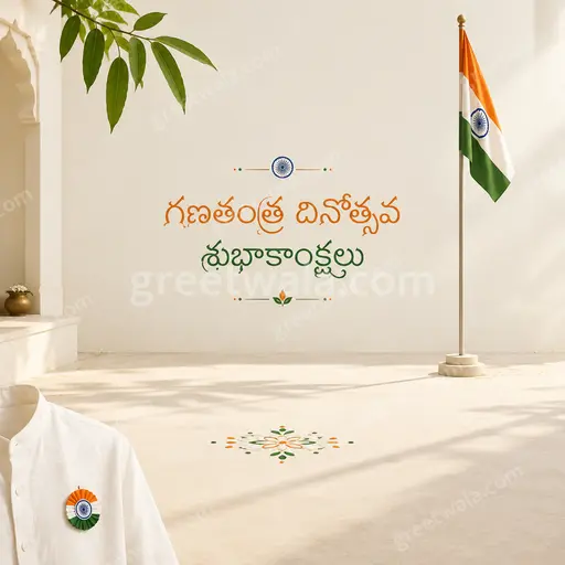 Elegant minimal Republic Day card in saffron, white and green tones displaying Telugu greeting with graceful patriotic calm.