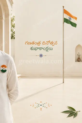 Elegant minimal Republic Day card in soft tricolor hues with graceful Telugu greeting and serene patriotic charm.