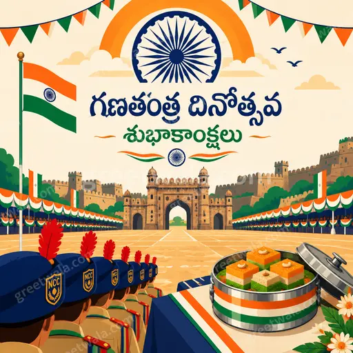Modern flat vector Republic Day card displaying 'గణతంత్ర దినోత్సవ శుభాకాంక్షలు' with cheerful patriotic tricolor festive elegance.