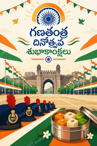 Modern flat vector Telugu Republic Day card displaying “గణతంత్ర దినోత్సవ శుభాకాంక్షలు” with tricolor flags, Chakra, fireworks in proud festive mood.