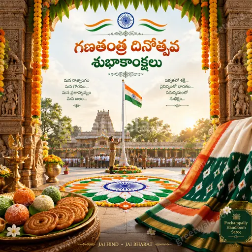 Ornate traditional Republic Day card in saffron white green with Telugu greeting “గణతంత్ర దినోత్సవ శుభాకాంక్షలు” and festive patriotic grandeur.
