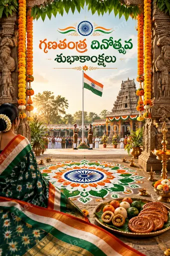 Ornate traditional Republic Day card glowing with tricolor pride, featuring 'గణతంత్ర దినోత్సవ శుభాకాంక్షలు' in elegant festive lettering.