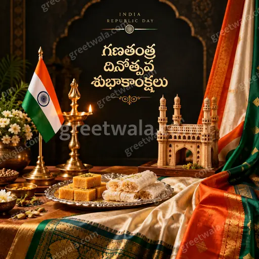 Premium Republic Day card glowing with tricolor pride, elegant Telugu greeting radiating patriotic joy and grandeur.