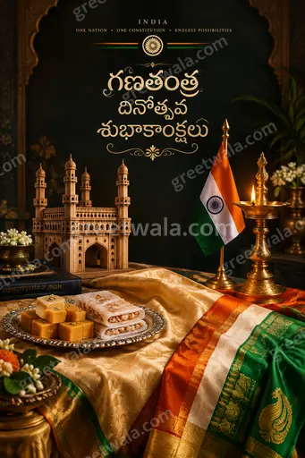 Premium patriotic showcase card glowing in tricolor hues, featuring Ashoka Chakra and Telugu greeting గణతంత్ర దినోత్సవ శుభాకాంక్షలు elegantly.