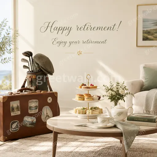 Elegant minimal retirement card with soft calm tones, graceful typography, and peaceful celebratory mood honoring new freedom.