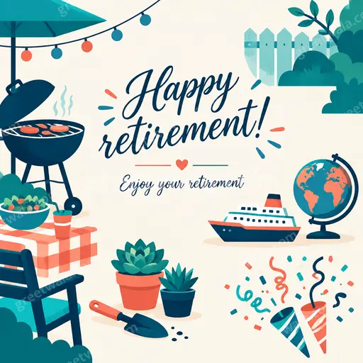 Modern flat vector retirement card with cheerful relaxed mood, celebrating freedom, leisure, and happy new beginnings.