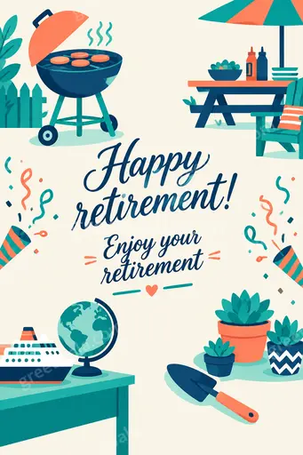 Modern flat vector retirement card with cheerful relaxed mood, tropical sunset beach chair and Happy retirement Enjoy your retirement greeting.