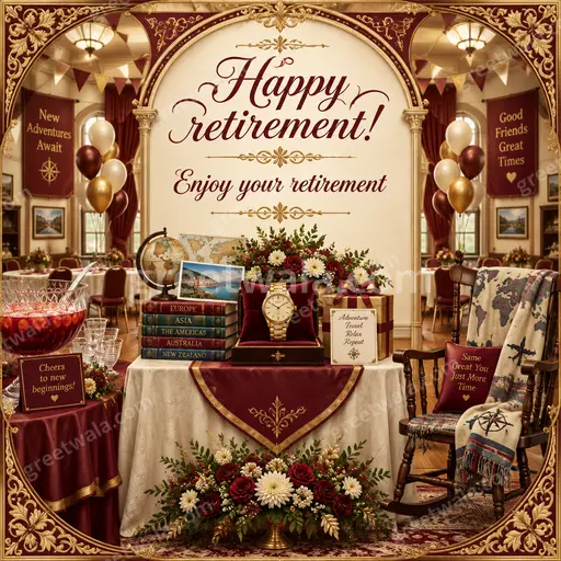 Ornate traditional retirement card displaying Happy retirement Enjoy your retirement with elegant gold warm celebratory style.