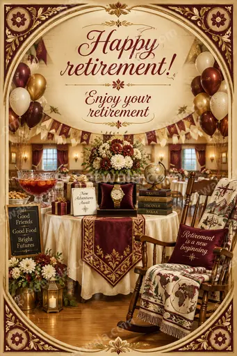 Ornate traditional English retirement card displaying Happy retirement Enjoy your retirement with warm elegant celebratory charm.