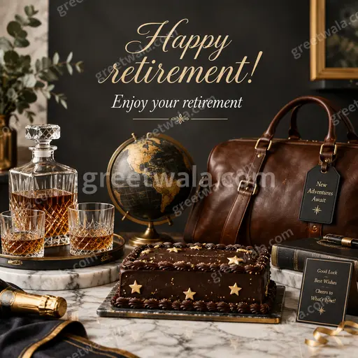 Elegant premium retirement card with serene golden sunset, peaceful traveler silhouette, conveying warm celebration and relaxed new beginnings.